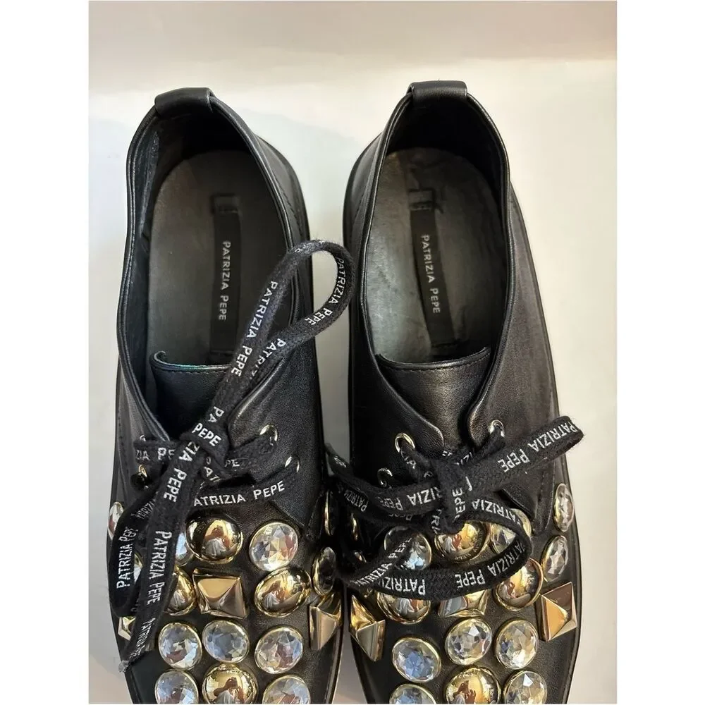 Patrizia Pepe Black Crystal & Gold-Stud Platform Sneakers Size 38